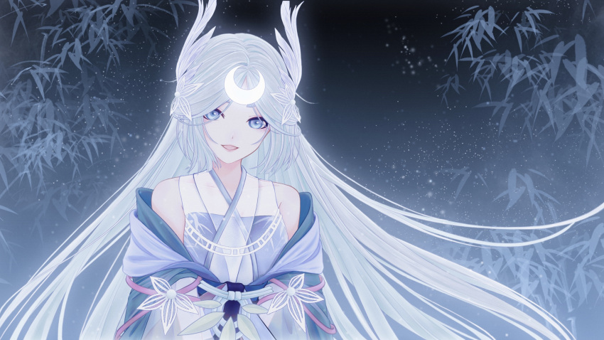 1girl, absurdly_long_hair, bamboo, bamboo_forest, bare_shoulders, blue_eyes, blue_hair, forest