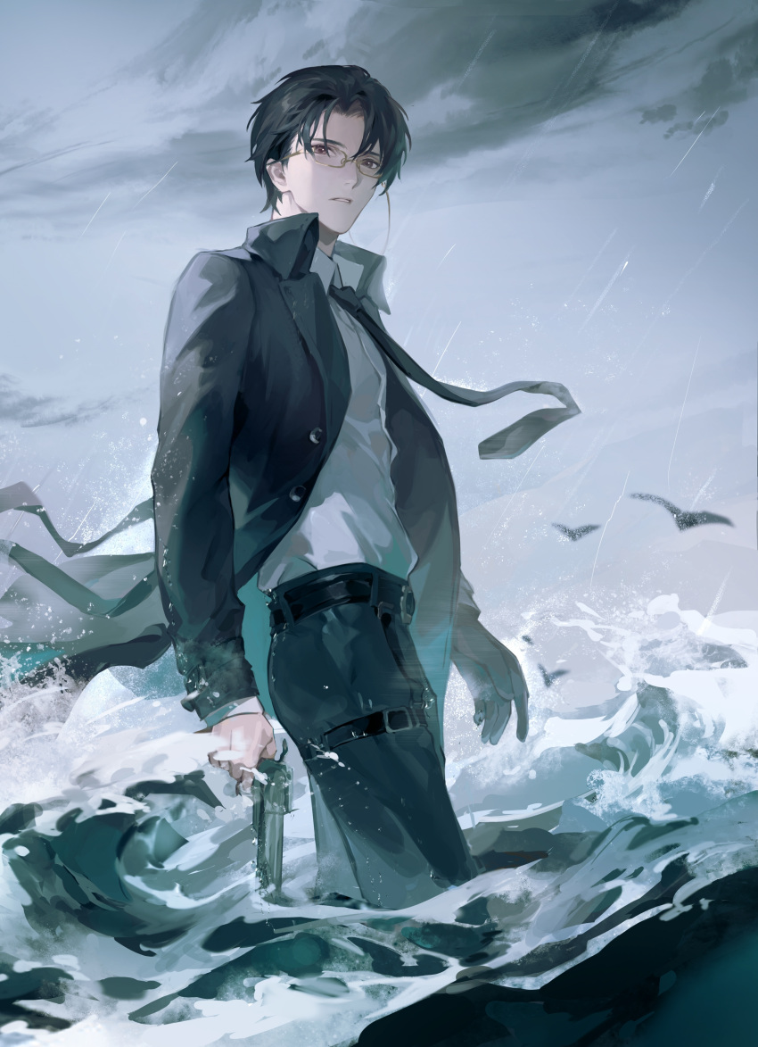 1boy, absurdres, bangs, belt, bird, black_hair, black_jacket, black_necktie
