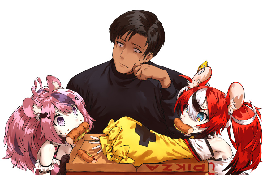 1boy, 2girls, ahoge, animal_ears, bare_shoulders, black_collar, black_gloves, black_hair