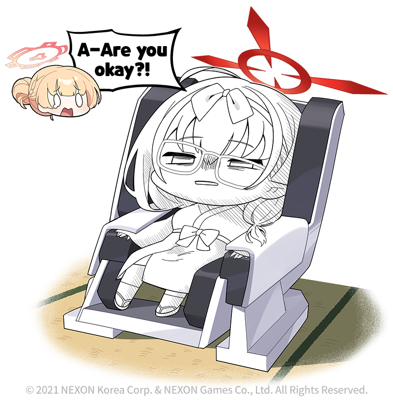 2girls, blue_archive, bow, chibi, chinatsu_(blue_archive), chinatsu_(hot_spring)_(blue_archive), donmin_h, english_commentary