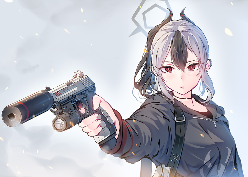 1girl, black_hoodie, blue_archive, daito, demon_horns, earclip, earrings, gun
