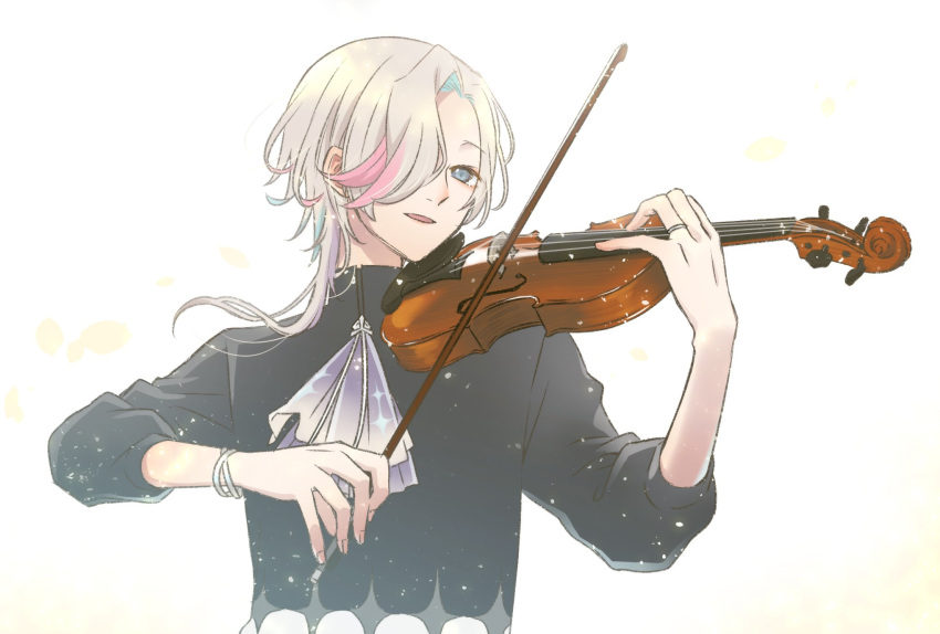 1boy, :d, aqua_hair, ascot, black_shirt, blue_eyes, bracelet, english_commentary