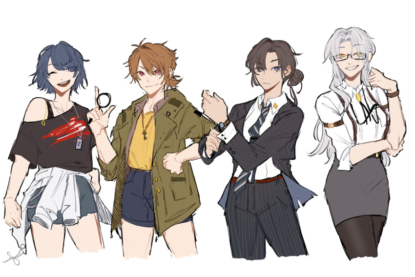 4girls, :d, artem_wing_(tears_of_themis), bangs, belt, black_jacket, black_necktie, black_pants