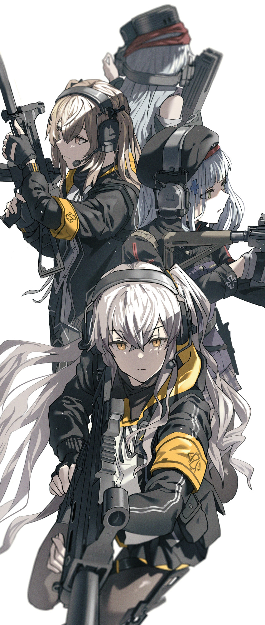 404_(girls'_frontline), 4girls, absurdres, assault_rifle, bangs, bare_shoulders, beret, black_gloves