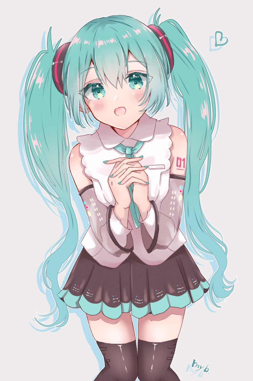 aqua_hair, aqua_nails, aqua_ribbon, detached_sleeves, grey_sleeves, hatsune_miku, hatsune_miku_(nt), highres