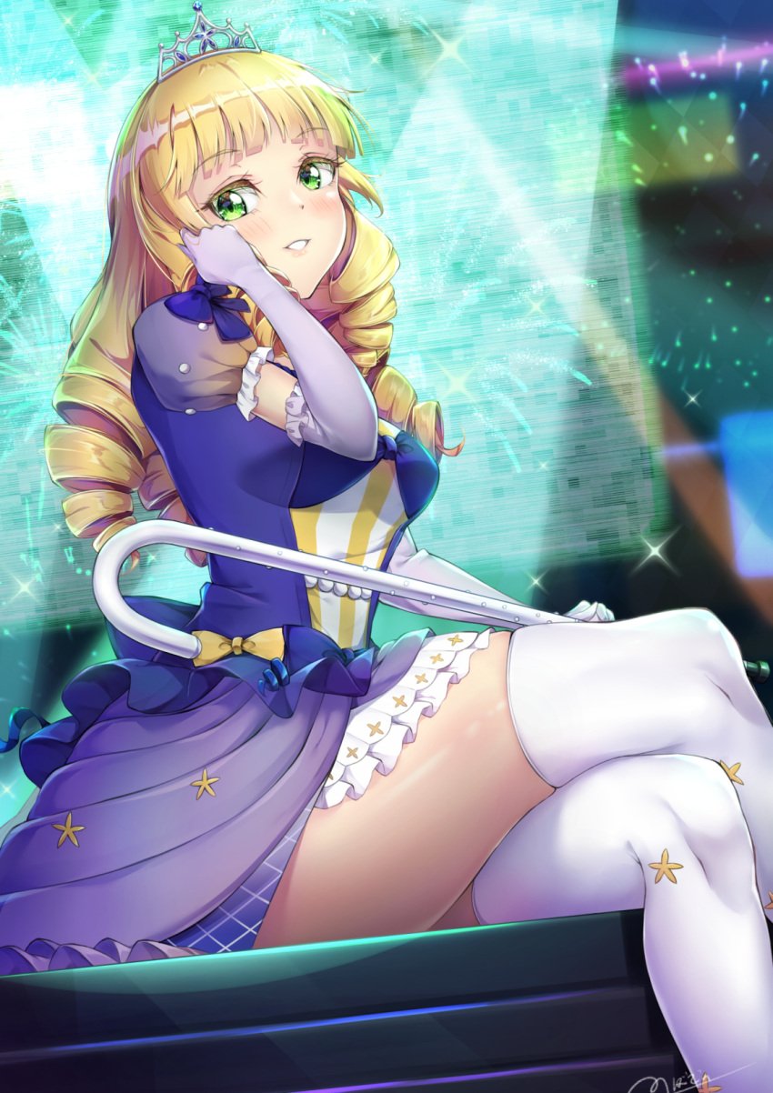 1girl, adjusting_hair, bangs, blonde_hair, blunt_bangs, blush, breasts, commentary_request, crossed_legs, dress, drill_hair, elbow_gloves, gloves, green_eyes, hand_in_own_hair, heanna_sumire, highres, long_hair, love_live!, love_live!_superstar!!, medium_breasts, novady, parted_lips, puffy_short_sleeves, puffy_sleeves, purple_dress, purple_gloves, short_sleeves, signature, sitting, smile, solo, thigh-highs, thighs, tiara, white_thighhighs, zettai_ryouiki