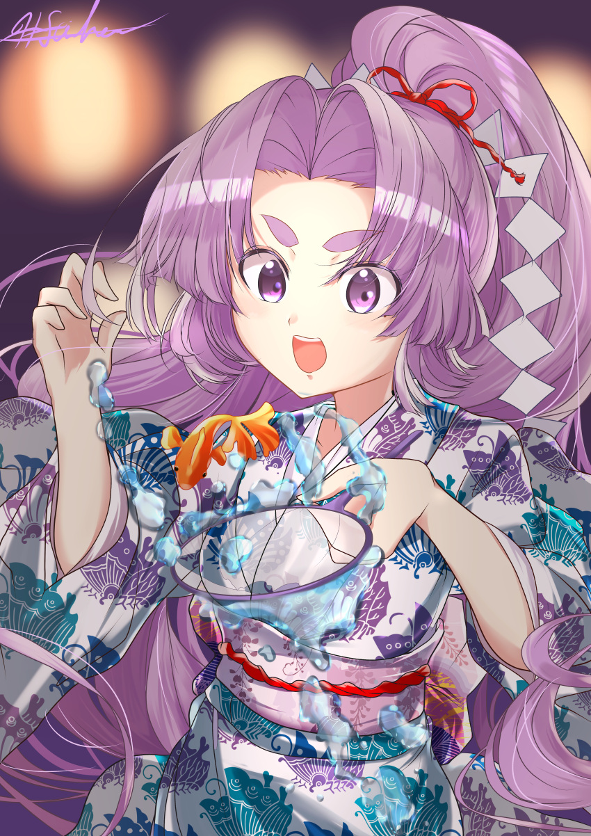 1girl, absurdres, alternate_costume, animal_print, butterfly_print, gold_fish, goldfish_scooping, hatsuharu_(kancolle), highres, hikimayu, japanese_clothes, kantai_collection, kimono, long_hair, matsurika_(harusutain), obi, open_mouth, ponytail, print_kimono, purple_hair, sash, shide, solo, violet_eyes, white_kimono, yukata