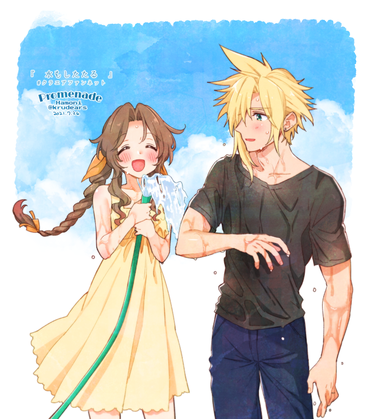 1boy, 1girl, aerith_gainsborough, alternate_costume, aqua_eyes, arm_up, artist_name, bangs