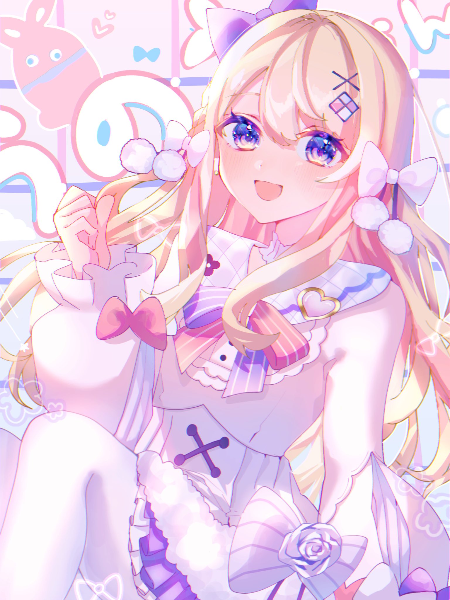 1girl, bangs, blue_bow, blue_eyes, bow, brooch, diamond_hair_ornament, hair_ornament