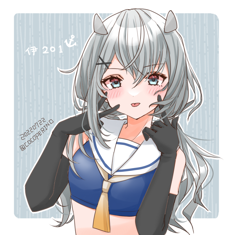 1girl, black_gloves, cocoperino, commentary_request, crop_top, elbow_gloves, fake_horns, gloves, gradient_neckerchief, grey_eyes, grey_hair, horned_headwear, horns, i-201_(kancolle), kantai_collection, long_hair, neckerchief, one-hour_drawing_challenge, sailor_collar, solo, striped, striped_background, tongue, tongue_out, twitter_username, upper_body, white_neckerchief, white_sailor_collar