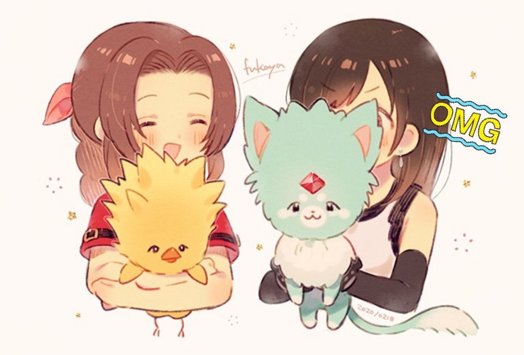 2girls, 2others, aerith_gainsborough, animal, artist_name, bangs, beak, bird