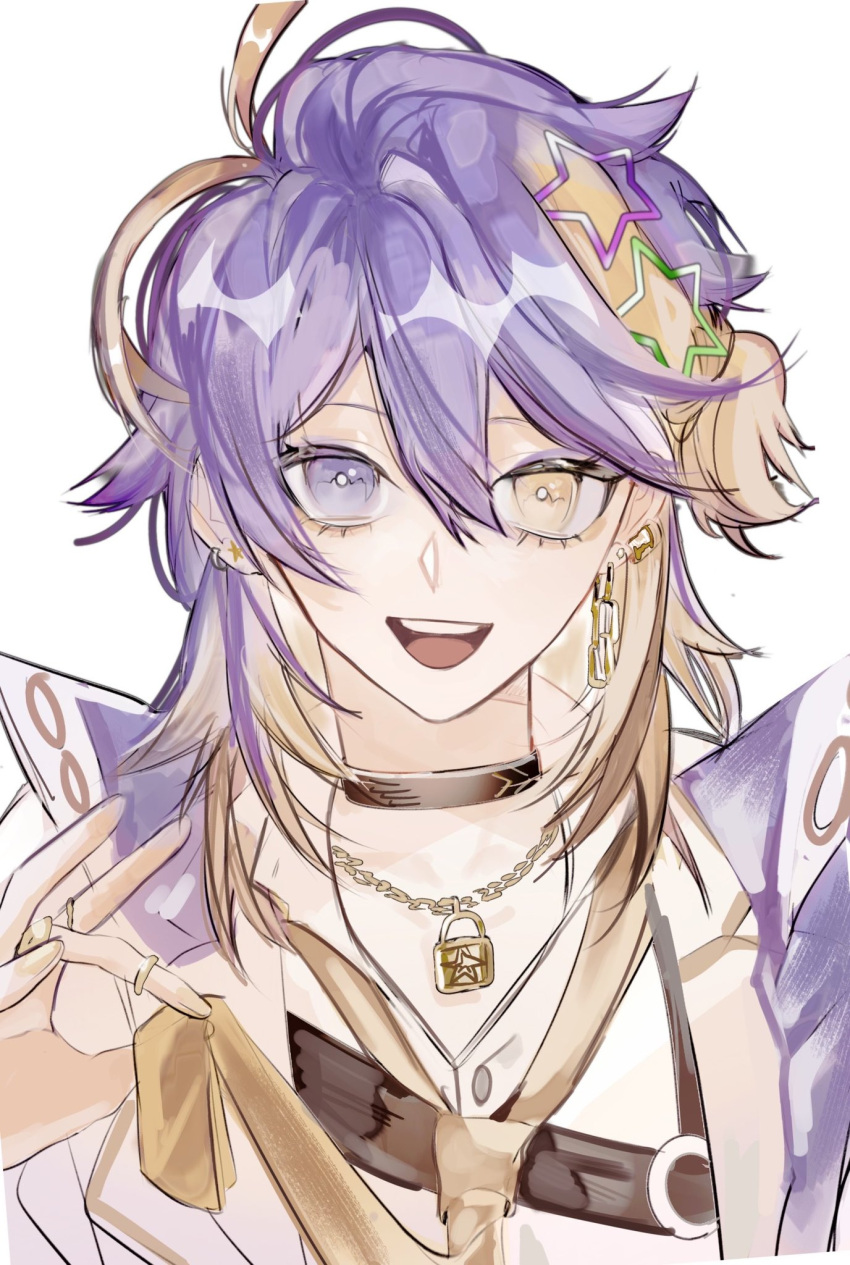1boy, aster_arcadia, blonde_hair, choker, earrings, heterochromia, highres, jewelry