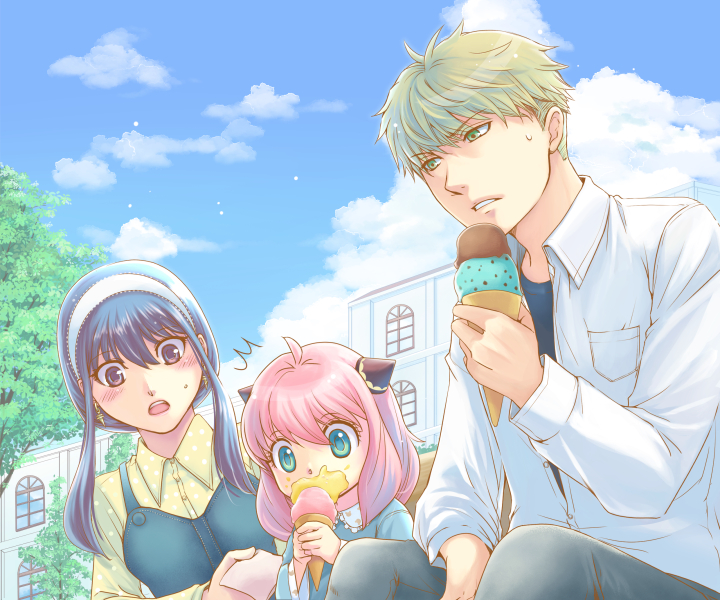 1boy, 2girls, anya_(spy_x_family), black_hair, blonde_hair, blue_shirt, blush, breasts