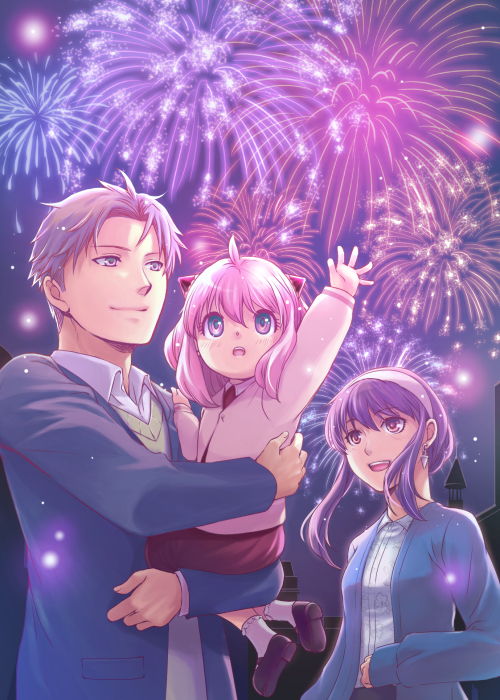 1boy, 2girls, anya_(spy_x_family), bangs, blonde_hair, blue_cardigan, breasts, cardigan, carrying, carrying_person, earrings, eden_academy_uniform, family, female_child, fireworks, green_cardigan, hair_between_eyes, hair_up, hairband, hairpods, hand_up, jacket, jewelry, long_hair, multiple_girls, open_mouth, outdoors, outstretched_arm, parted_bangs, pink_hair, purple_hair, shirt, short_hair, sidelocks, smile, spy_x_family, teeth, tsuki_oto_sena, twilight_(spy_x_family), upper_body, upper_teeth, white_hairband, white_shirt, yor_briar