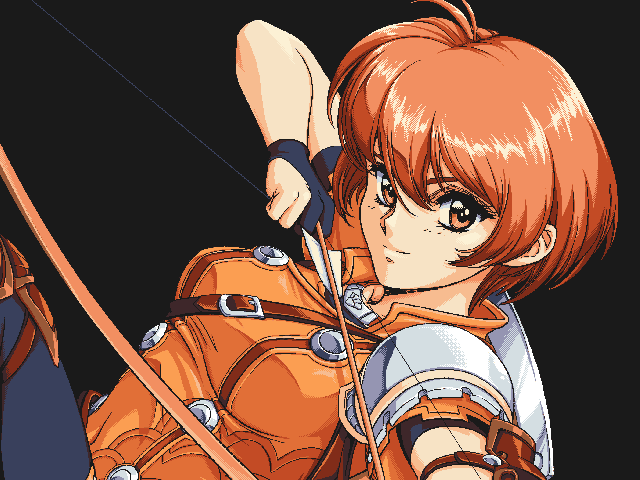 1990s_(style), 1girl, arrow_(projectile), black_background, black_gloves, bow_(weapon), breasts, clip_studio_paint_(medium)