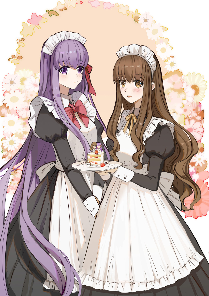 2girls, absurdres, apron, bow, bowtie, brown_eyes, brown_hair, cake