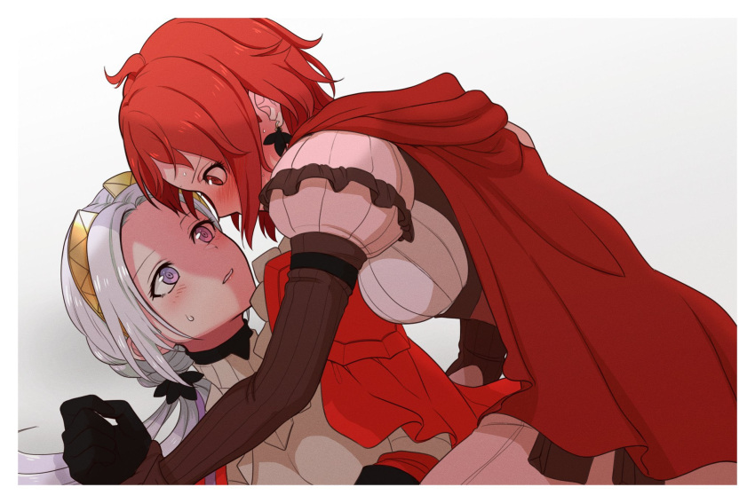 2girls, armor, bangs, blush, breasts, cape, choker, closed_mouth