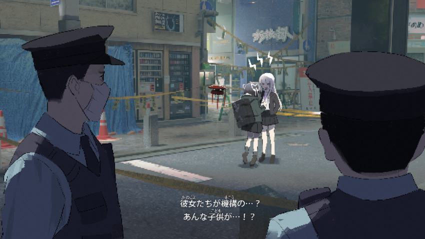 2girls, angry, black_hair, blue_shirt, caution_tape, drone, fake_screenshot, hair_ribbon