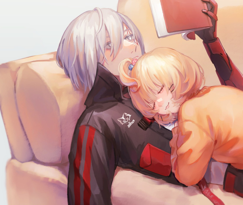 1boy, 1girl, :3, blonde_hair, book, couch, fulgur_ovid, grey_eyes