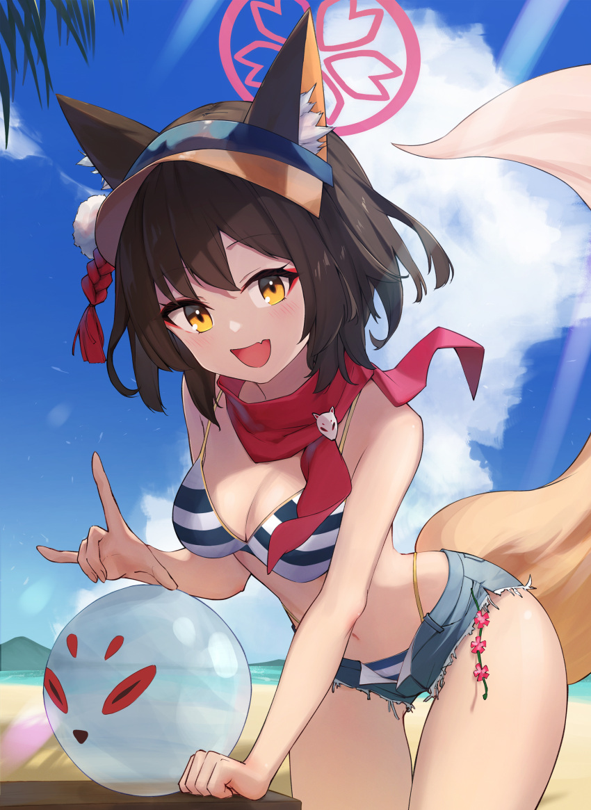 1girl, absurdres, animal_ear_fluff, animal_ears, ball, bandana, bangs, bare_shoulders, beachball, bead_bracelet, beads, bikini, blue_archive, blue_bikini, blurry, blurry_background, blush, bracelet, breasts, breasts_apart, brown_hair, cowboy_shot, denim, denim_shorts, eyeshadow, fang, fox_ears, fox_shadow_puppet, hands_up, highleg, highleg_bikini, highres, izuna_(blue_archive), izuna_(swimsuit)_(blue_archive), jewelry, looking_at_viewer, makeup, medium_breasts, micro_shorts, navel, oeyama, open_mouth, outdoors, scrunchie, short_hair, shorts, skin_fang, smile, solo, striped, striped_bikini, swimsuit, swimsuit_under_clothes, visor_cap, wrist_scrunchie, yellow_eyes