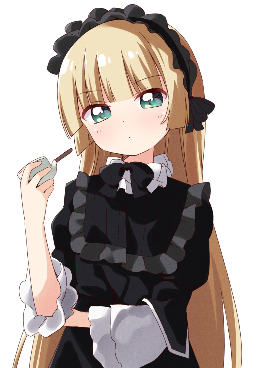 1girl, bangs, black_dress, black_hairband, blonde_hair, blunt_bangs, blush, collar