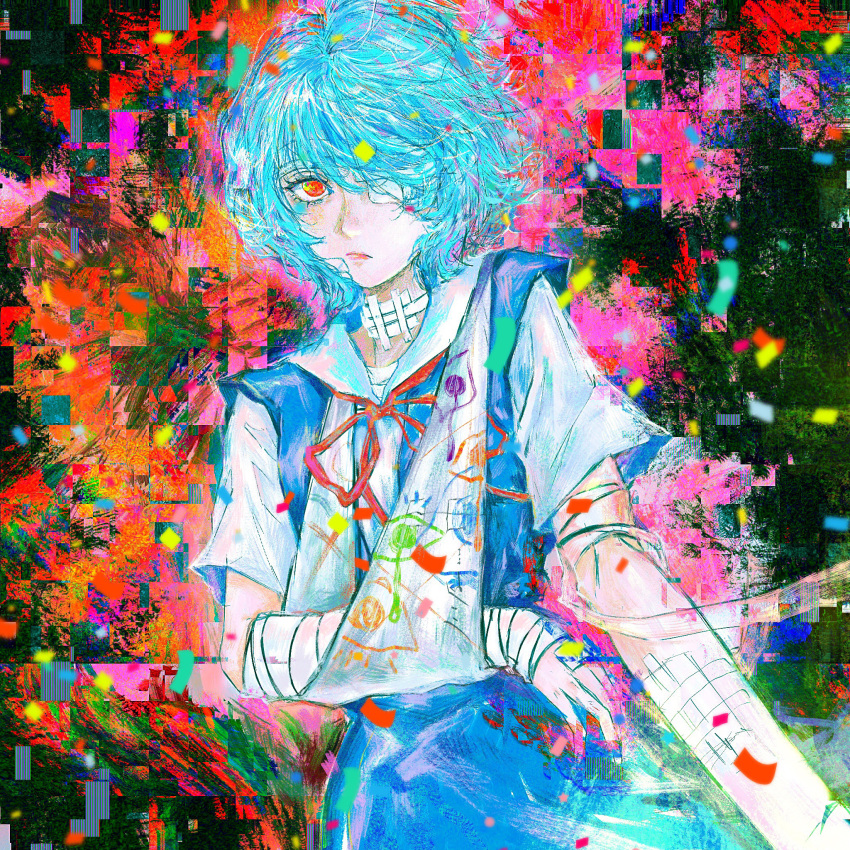1girl, abstract_background, arm_sling, atzanka123, ayanami_rei, bandage_on_neck, bandages, blue_hair