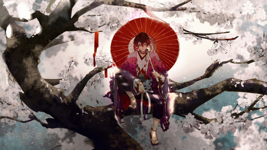 1boy, deardeer1224, earrings, flower, highres, in_tree, japanese_clothes, jewelry, kidoumaru_(onmyoji), long_sleeves, looking_at_viewer, male_focus, oil-paper_umbrella, okobo, onmyoji, pointy_ears, redhead, short_hair, sitting, sitting_in_tree, solo, string, tree, umbrella, white_flower