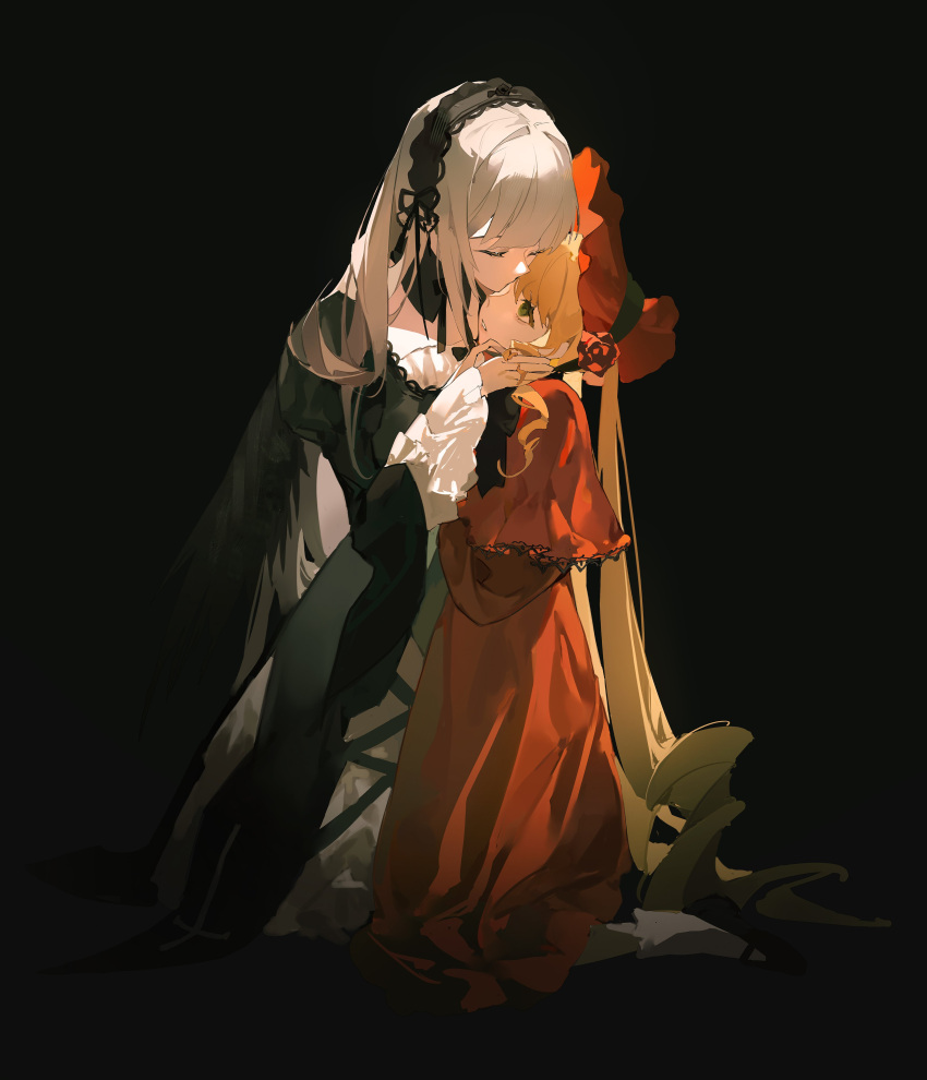 2girls, absurdres, bangs, black_background, black_dress, black_footwear, black_wings, blonde_hair, blunt_bangs, bonnet, capelet, closed_eyes, dress, fine_art_parody, flower, frilled_capelet, frilled_dress, frills, full_body, gothic_lolita, green_eyes, hairband, hand_on_another's_face, highres, juliet_sleeves, kinoko83954937, kneeling, layered_dress, lolita_fashion, lolita_hairband, long_hair, long_sleeves, looking_at_another, mary_janes, multicolored_clothes, multicolored_dress, multiple_girls, parody, puffy_sleeves, red_dress, red_flower, red_headwear, red_rose, ribbon, rose, rozen_maiden, shinku, shoes, simple_background, suigintou, the_kiss, very_long_hair, white_dress, white_hair, wings, yuri