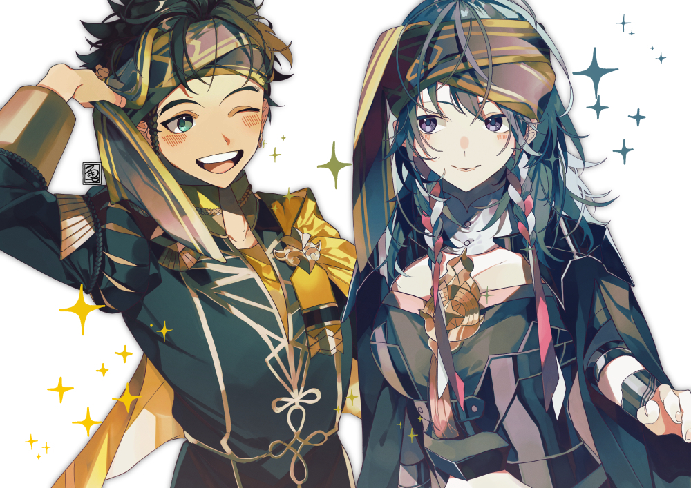 1boy, 1girl, bangs, black_cape, black_hair, black_headband, black_jacket, blue_hair, blush, braid, byleth_(fire_emblem), byleth_eisner_(female), cape, claude_von_riegan, closed_mouth, cowboy_shot, fire_emblem, fire_emblem:_three_houses, garreg_mach_monastery_uniform, green_eyes, headband, jacket, long_hair, long_sleeves, looking_at_another, one_eye_closed, open_mouth, rokiko, school_uniform, short_hair, smile, standing, teeth, upper_teeth, violet_eyes, white_background, yellow_cape