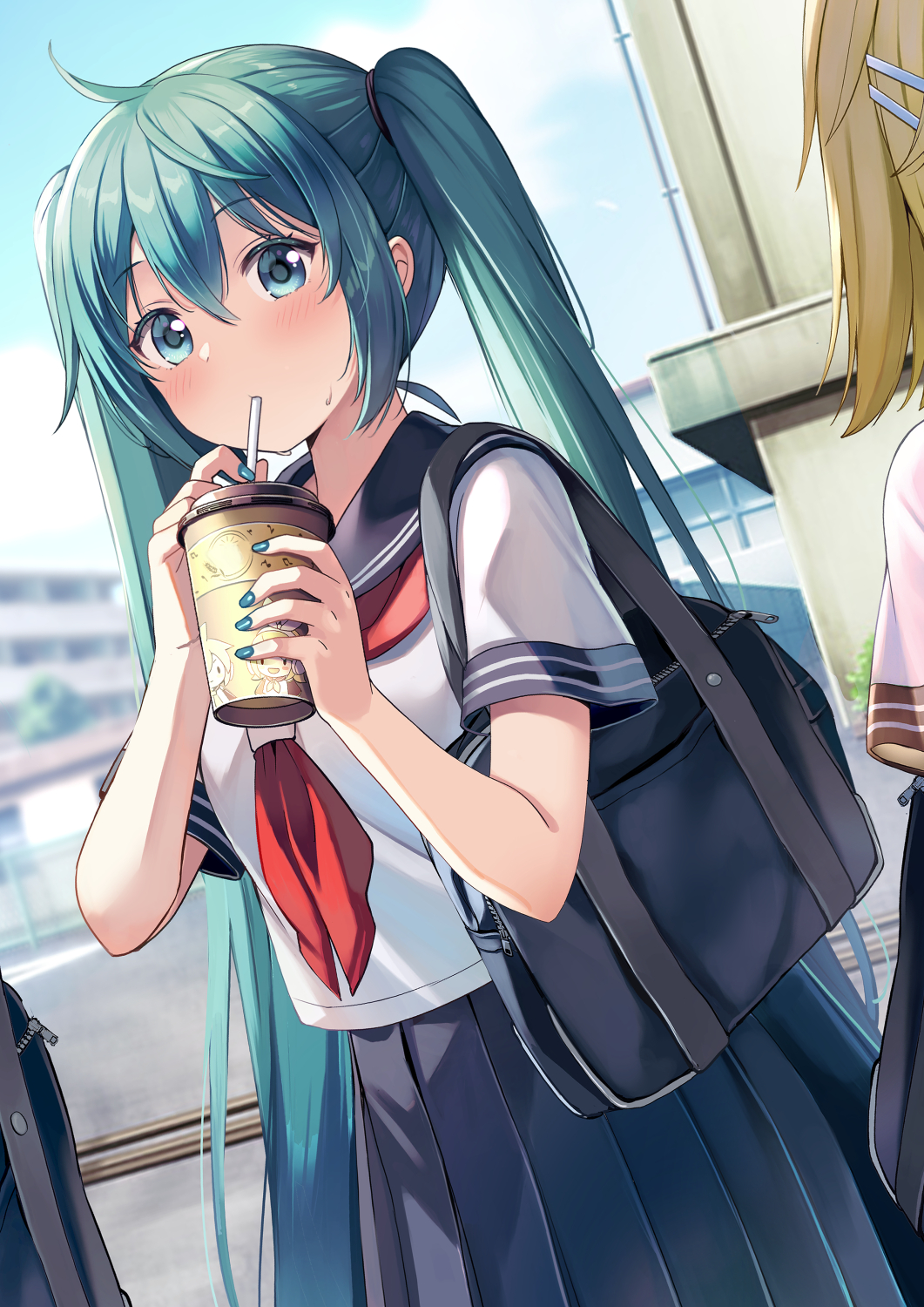 2girls, alternate_costume, aqua_eyes, aqua_hair, bag, banned_artist, black_bag, black_skirt