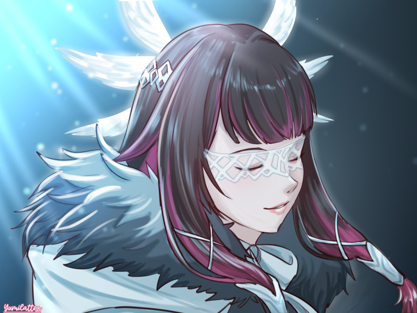 1girl, artist_name, black_hair, close-up, closed_eyes, coat, columbina_(genshin_impact), eye_mask
