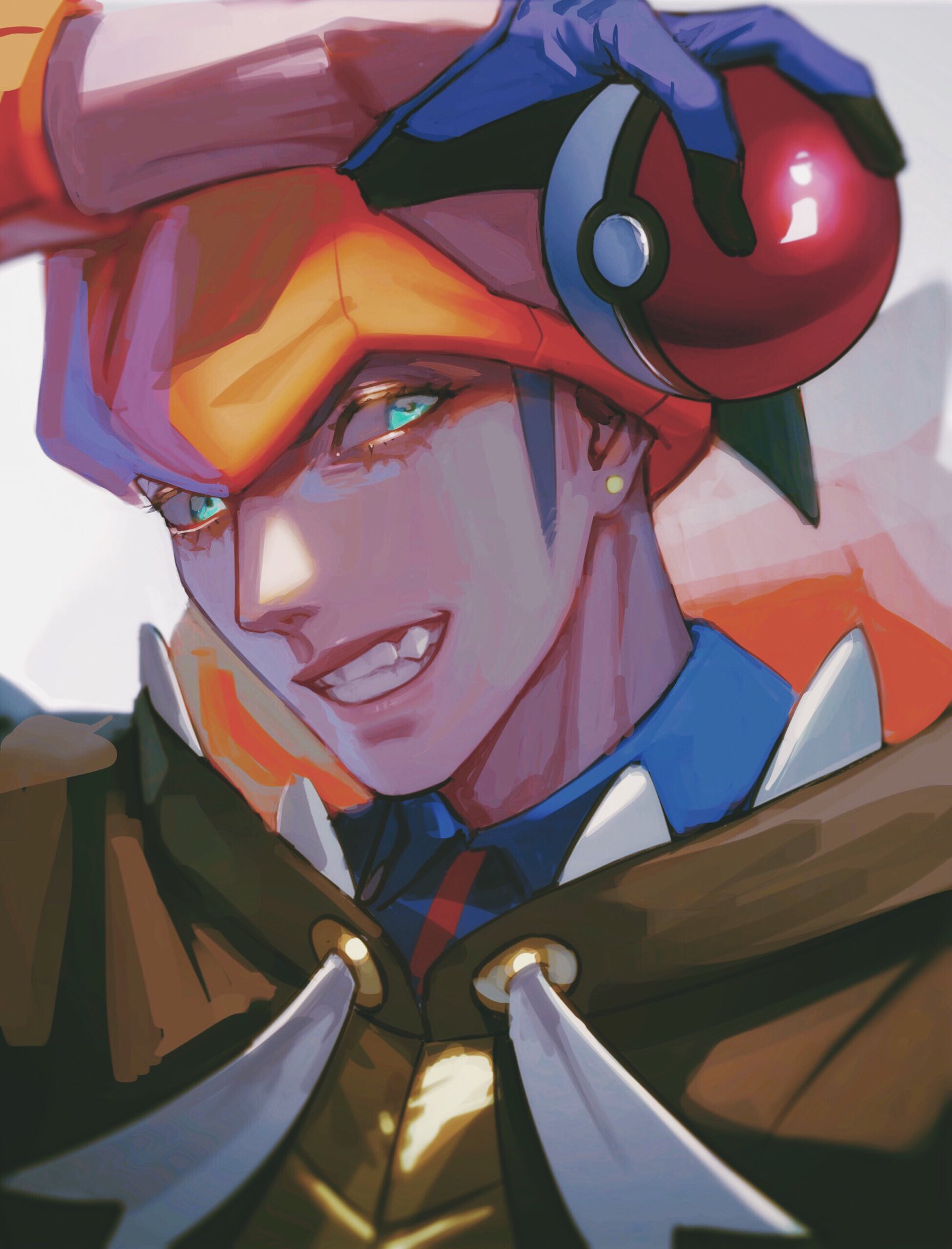 1boy, blue_shirt, collared_shirt, commentary_request, earrings, eyelashes, gloves, green_eyes