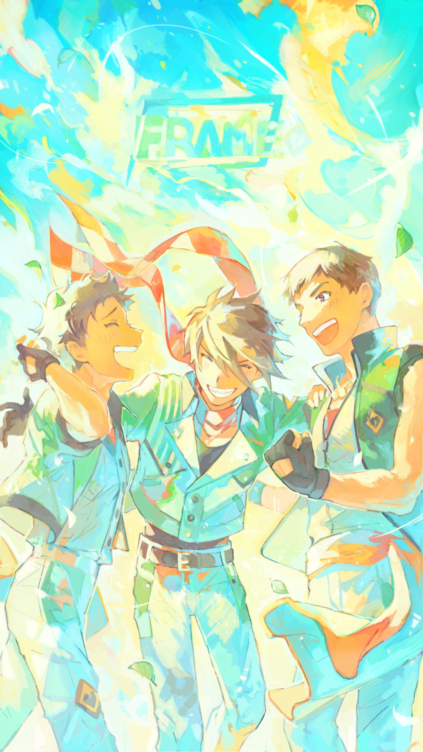3boys, absurdres, akuno_hideo, bandaid, bandaid_on_face, belt, bio_l_oid, black_hair
