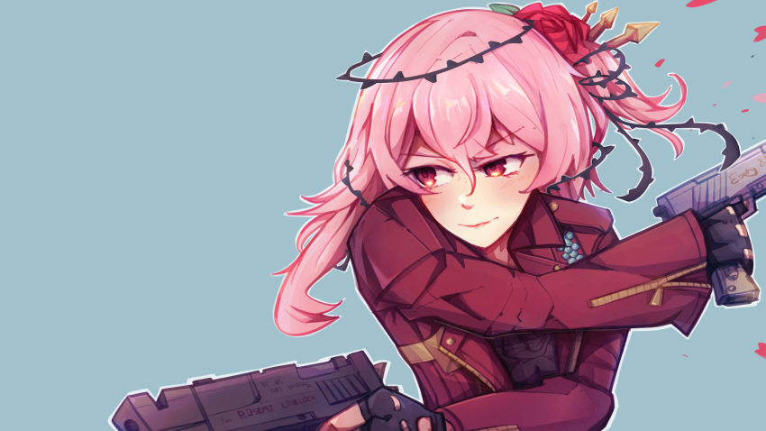 1girl, absurdres, black_gloves, brown_eyes, cosplay, dante_(devil_may_cry), dante_(devil_may_cry)_(cosplay), devil_may_cry_(series), devil_may_cry_3, dual_wielding, fingerless_gloves, flower, gloves, gun, hair_flower, hair_ornament, handgun, highres, holding, holding_gun, holding_weapon, jacket, looking_to_the_side, nijisanji, nijisanji_en, plant, red_flower, red_jacket, red_rose, rocky_birdy, rose, rosemi_lovelock, short_sidetail, solo, thorns, vines, virtual_youtuber, weapon
