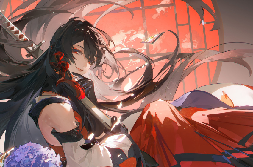 1boy, androgynous, bangs, bare_shoulders, black_gloves, black_hair, card, detached_sleeves
