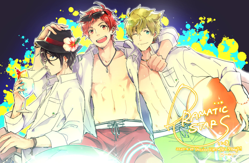 3boys, ahoge, ball, beachball, black_hair, blue_eyes, bracelet, dramatic_stars_(idolmaster), drinking, drinking_straw, eyewear_on_head, facial_hair, glasses, goatee, green_hair, hat, idolmaster, idolmaster_side-m, jewelry, kashiwagi_tsubasa, looking_at_viewer, male_focus, male_swimwear, multiple_boys, necklace, nokipn, one_eye_closed, open_clothes, open_mouth, open_shirt, red_eyes, redhead, sakuraba_kaoru, short_hair, smile, sunglasses, swim_trunks, swimsuit, tendo_teru