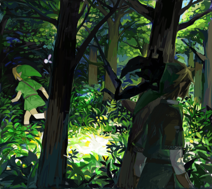 1other, 2boys, azuco, blonde_hair, child, day, dual_persona, facing_away