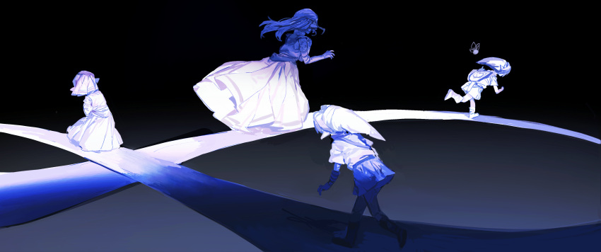 1other, 2boys, 2girls, absurdres, arm_wrap, azuco, blue_theme, boots