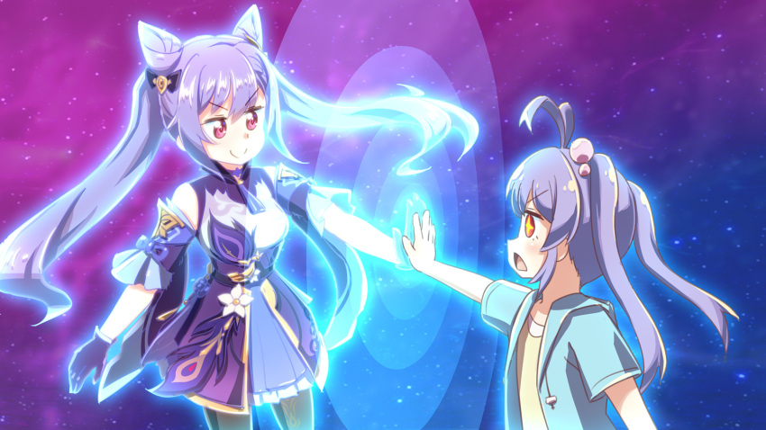 +_+, 2girls, aikatsu!_(series), aikatsu_planet!, antenna_hair, bangs, black_gloves, black_pantyhose