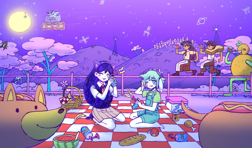 2girls, 3boys, ahoge, animal_ears, apple, banana, barefoot, basil_(omori)