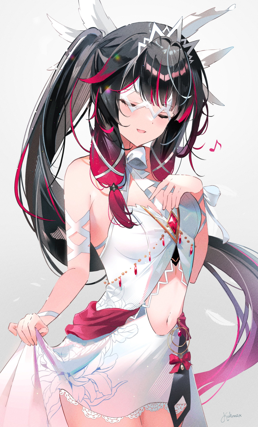 1girl, closed_eyes, columbina_(genshin_impact), genshin_impact, navel, ponytail, stomach, white_background