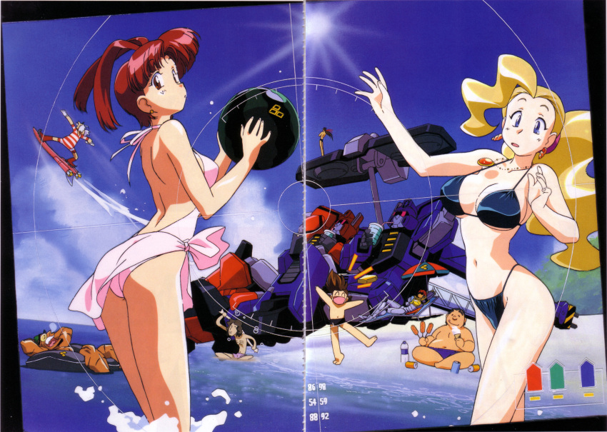 2girls, 6+boys, absurdres, amami_mamoru, beach, bikini, blonde_hair, crease