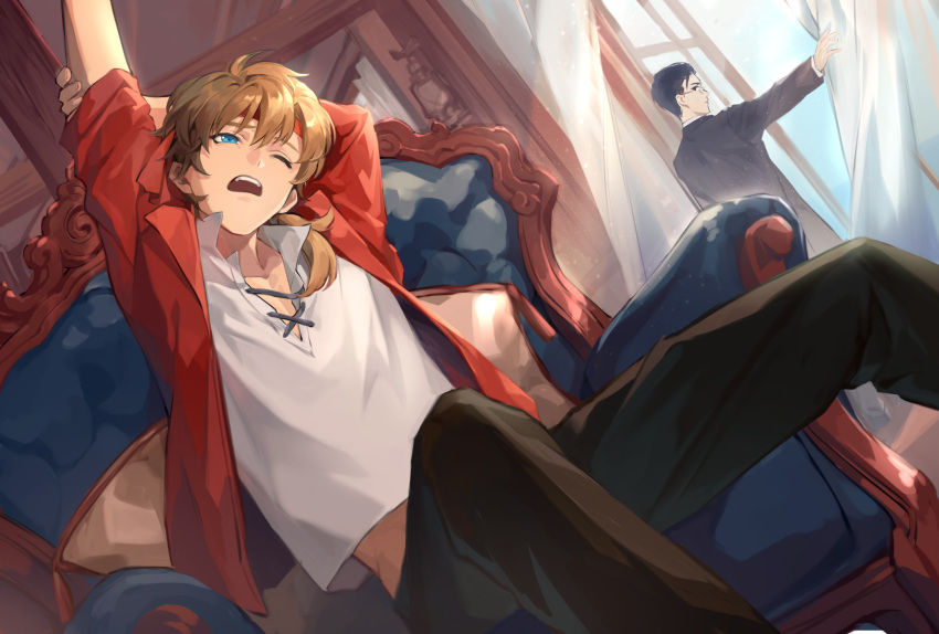 2boys, arm_up, bandana, bangs, black_eyes, black_hair, black_jacket, blonde_hair