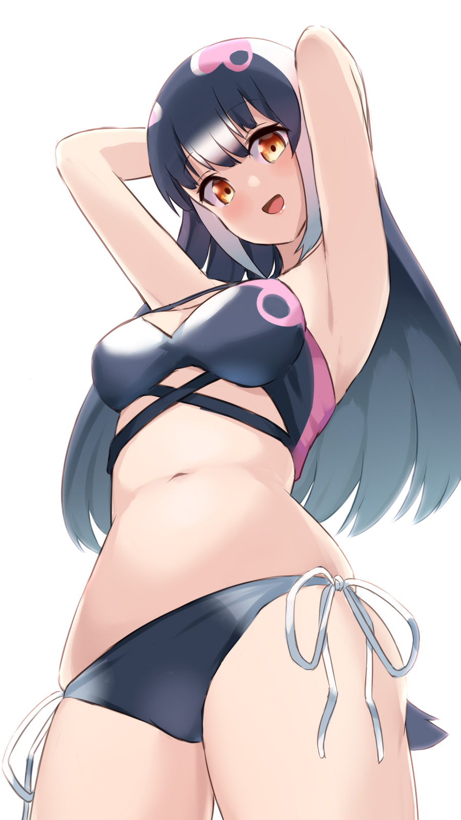 1girl, african_penguin_(kemono_friends), animal_costume, bikini, black_bikini, black_hair, highres, kemono_friends, kemono_friends_v_project, long_hair, looking_at_viewer, multicolored_hair, navel, open_mouth, penguin_costume, sawara_noa, simple_background, smile, solo, straight_hair, swimsuit, tail, virtual_youtuber, white_background, yellow_eyes