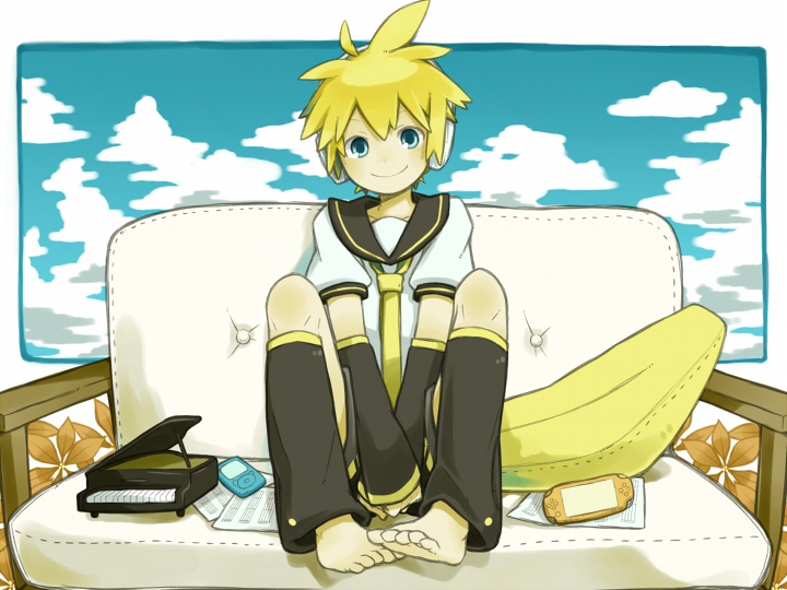 banana_pillow, between_legs, black_neckerchief, blonde_hair, blue_eyes, blue_sky, clouds, couch