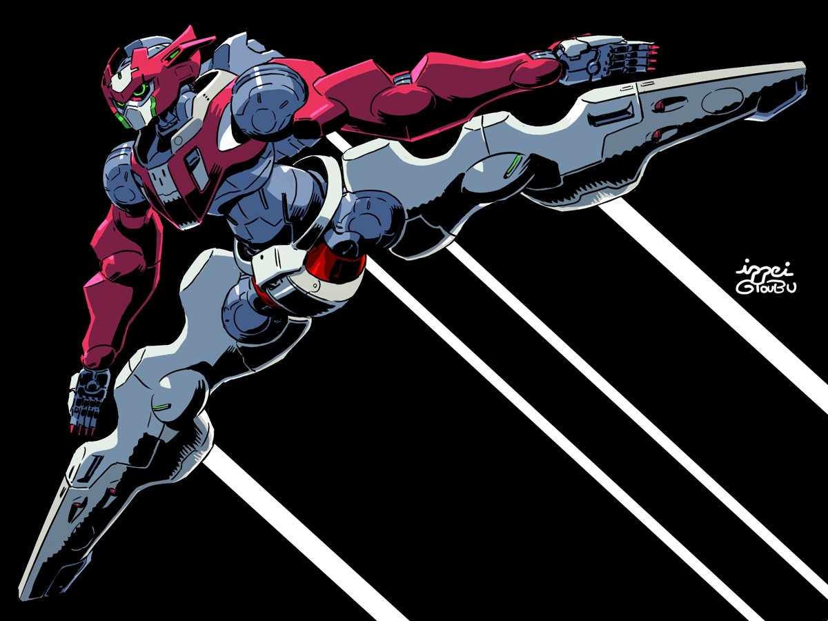 artist_name, black_background, contrail, flying, green_eyes, gundam, gundam_g_no_reconguista, gyoubu_ippei