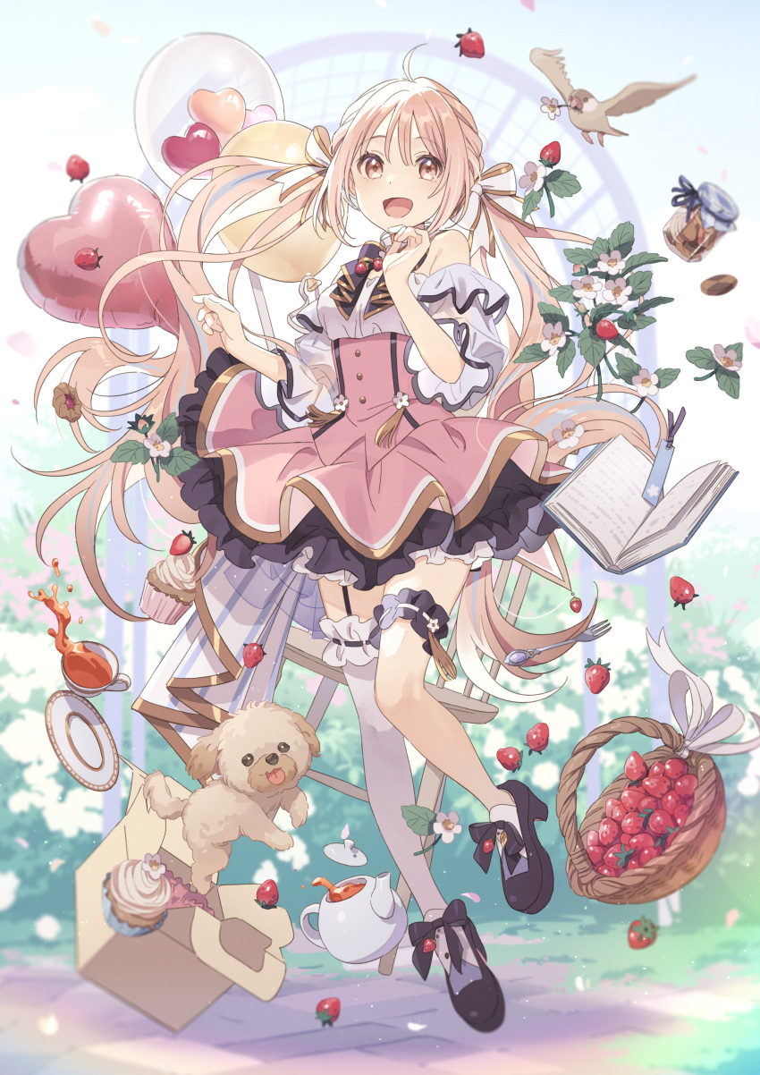 1girl, absurdres, ahoge, asymmetrical_legwear, balloon, bangs, basket, bird
