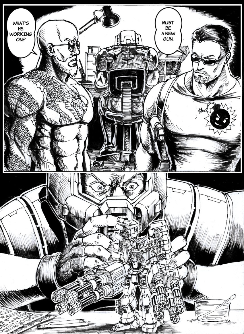 3boys, body_armor, chair, cotton_swab, doom_(series), doomguy, dragon_tattoo, english_text