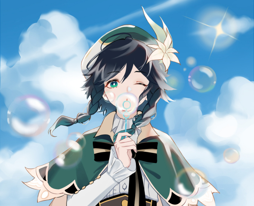 1069532, 1boy, ahoge, black_bow, black_hair, blue_sky, bow, braid