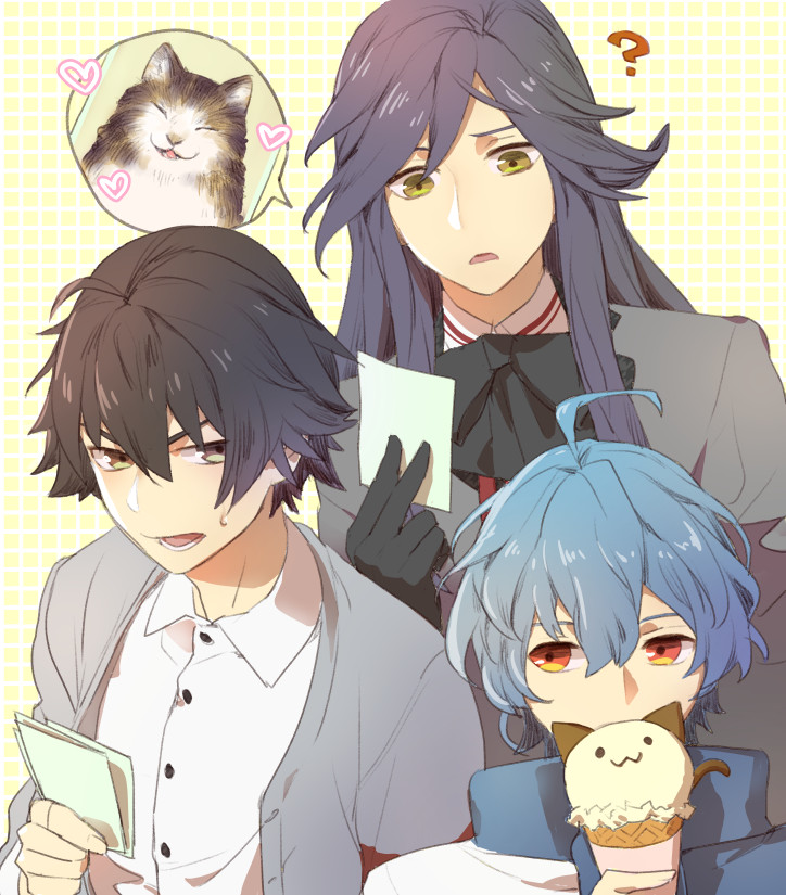 1other, 2boys, ahoge, black_bow, black_gloves, black_hair, blue_hair, bow